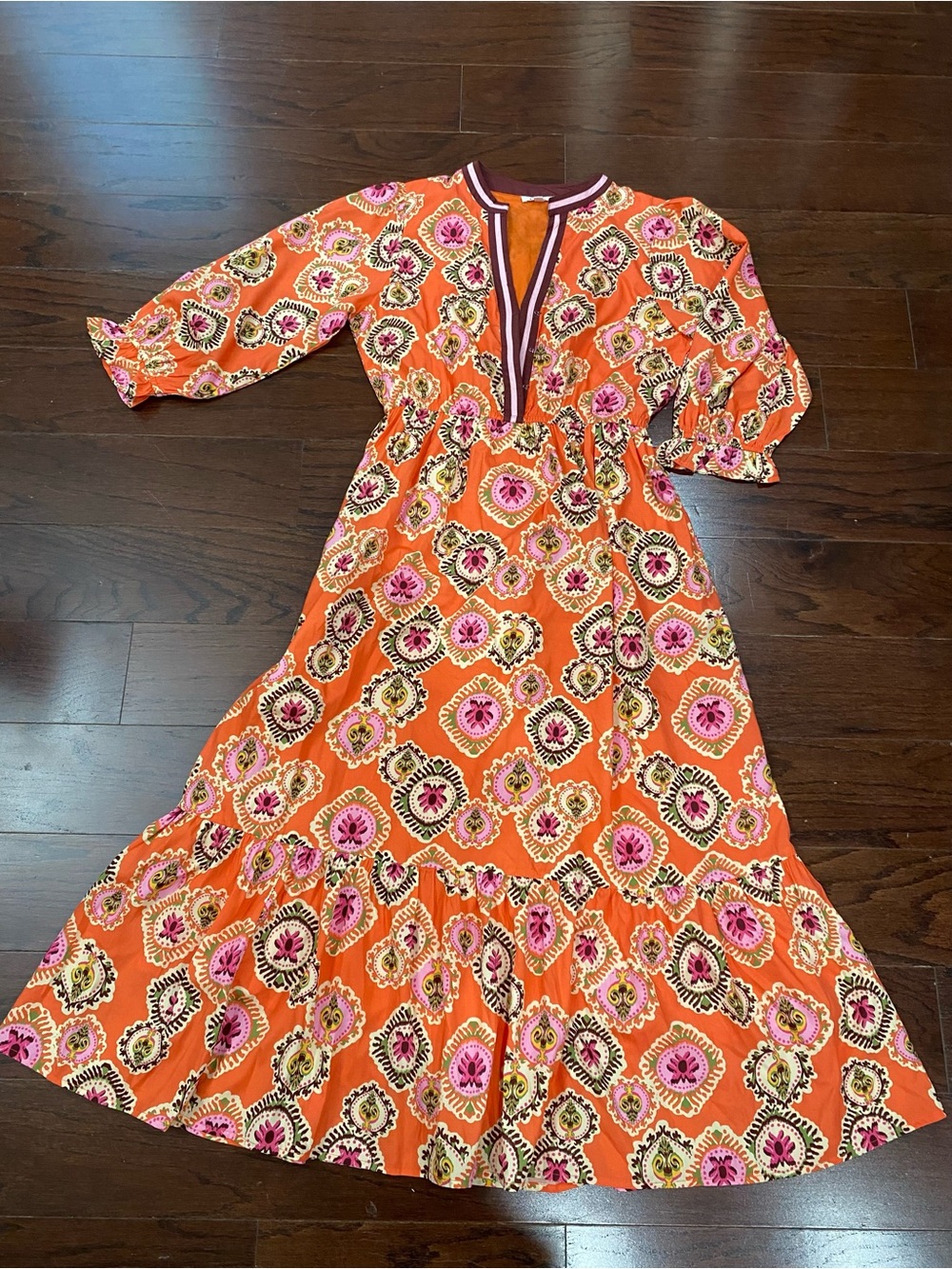 THML Maxi Women's Tiered Floral Dress Size Small Orange Maroon Pink